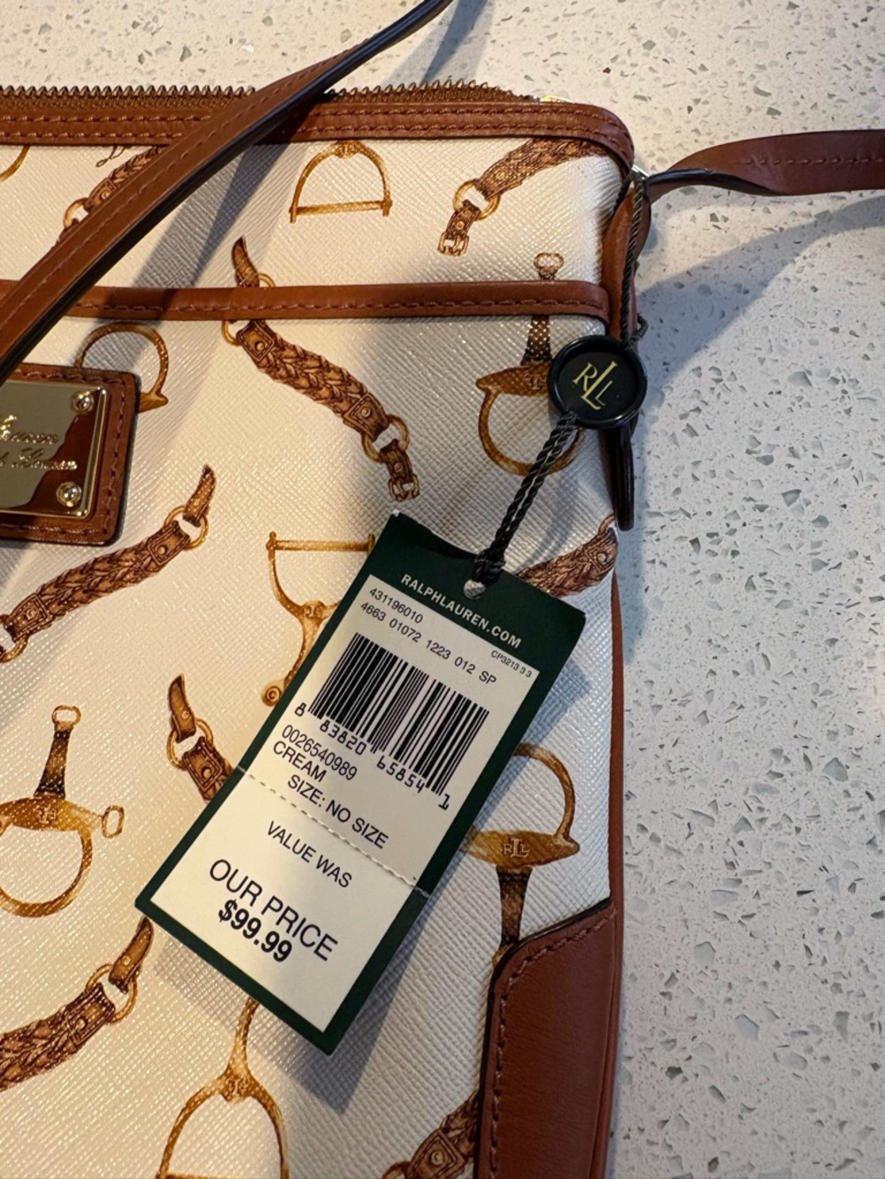 Ralph Lauren NWT Crossbody. Brown Leather Trim, Equestrian Print, Gold Hardware. - Picture 2 of 7